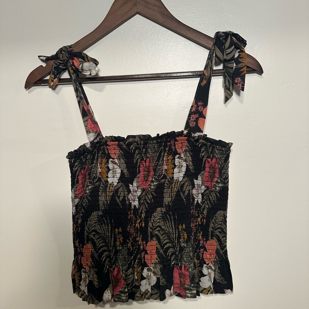 Rebecca Minkoff Black Floral Smocked Tie-Strap Camisole